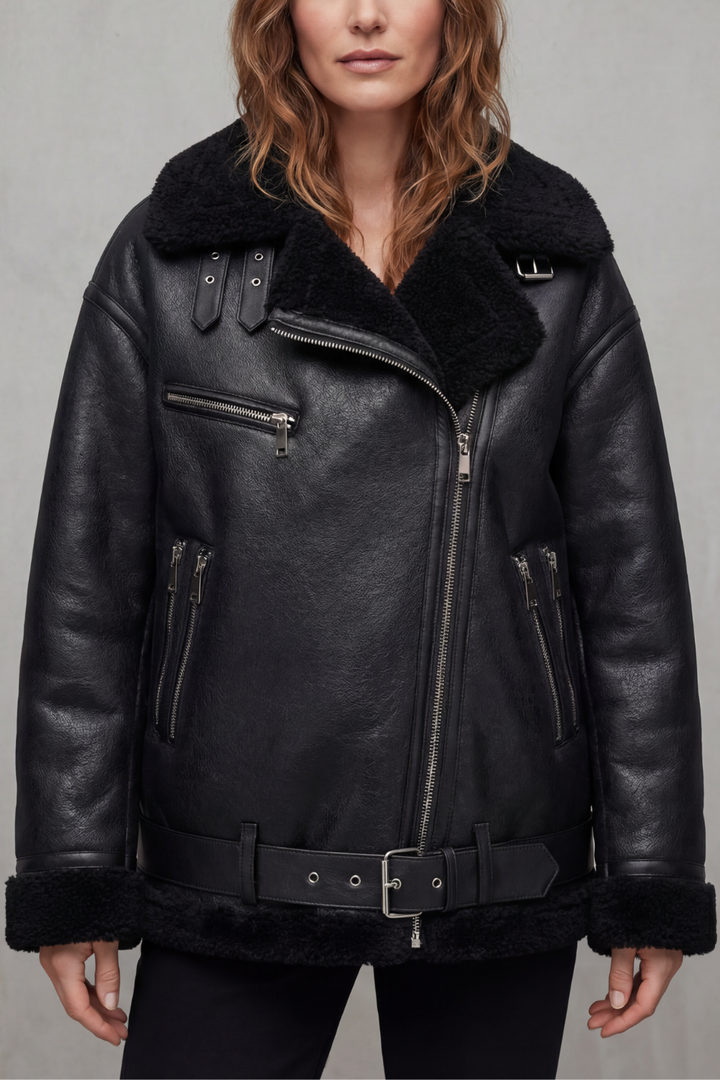 Fashionable women's aviator jacket with a chic belt, offering superior warmth and style for winter.