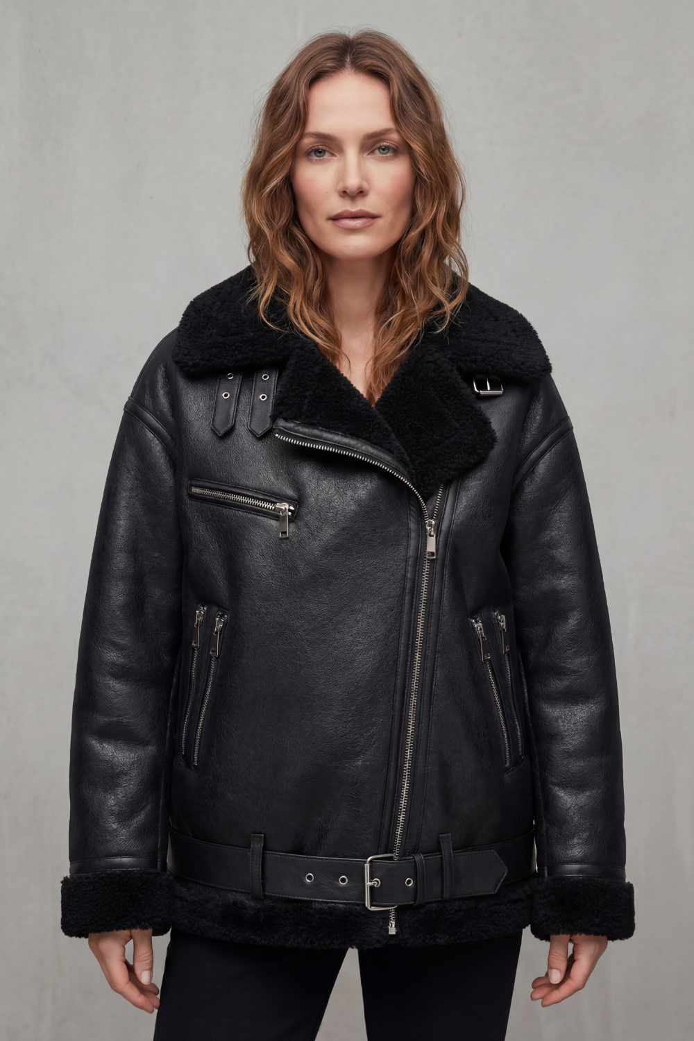 Full view of a women's elegant belted aviator jacket, ideal stylish outerwear for cold winter days.