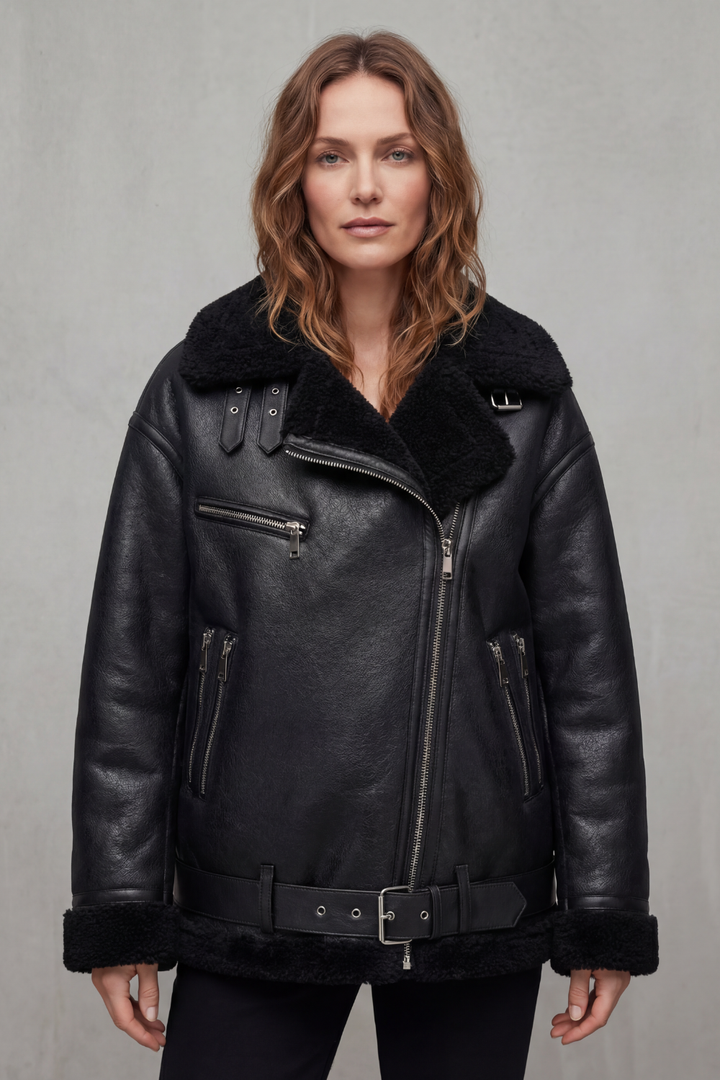 Full view of a women's elegant belted aviator jacket, ideal stylish outerwear for cold winter days.