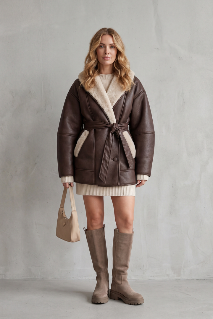 Elegant women's belted winter coat, a chic outerwear piece with a cozy contrast collar for versatile style.