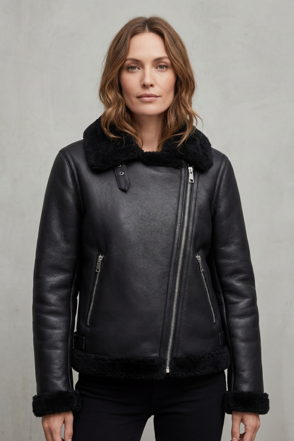 Stylish black women's biker jacket, featuring a unique asymmetrical zip design. Perfect edgy outerwear for women.