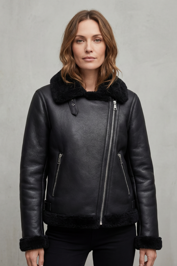 Stylish black women's biker jacket, featuring a unique asymmetrical zip design. Perfect edgy outerwear for women.