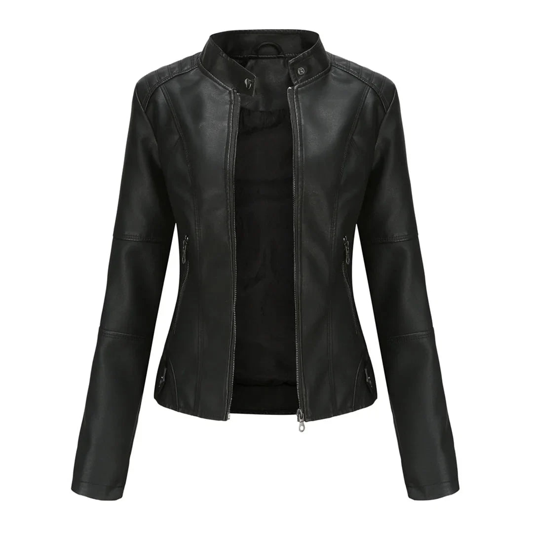 Women's chic black faux leather biker jacket with stand collar & zip pockets, perfect for casual outfits.