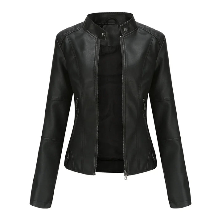 Women's chic black faux leather biker jacket with stand collar & zip pockets, perfect for casual outfits.