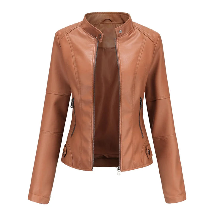 Versatile women's faux leather outerwear: stand collar, full zip, functional front pockets for everyday.