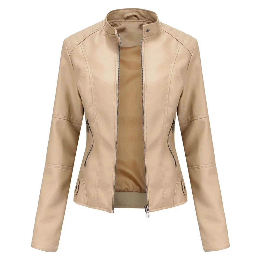 Elegant faux leather jacket for women with a sleek stand collar and secure zip pockets, fashionable chic.
