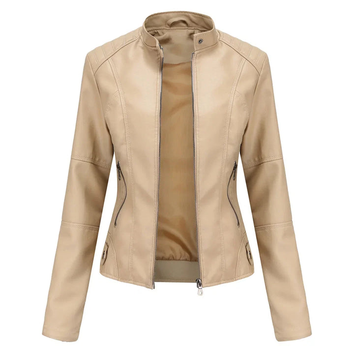 Elegant faux leather jacket for women with a sleek stand collar and secure zip pockets, fashionable chic.