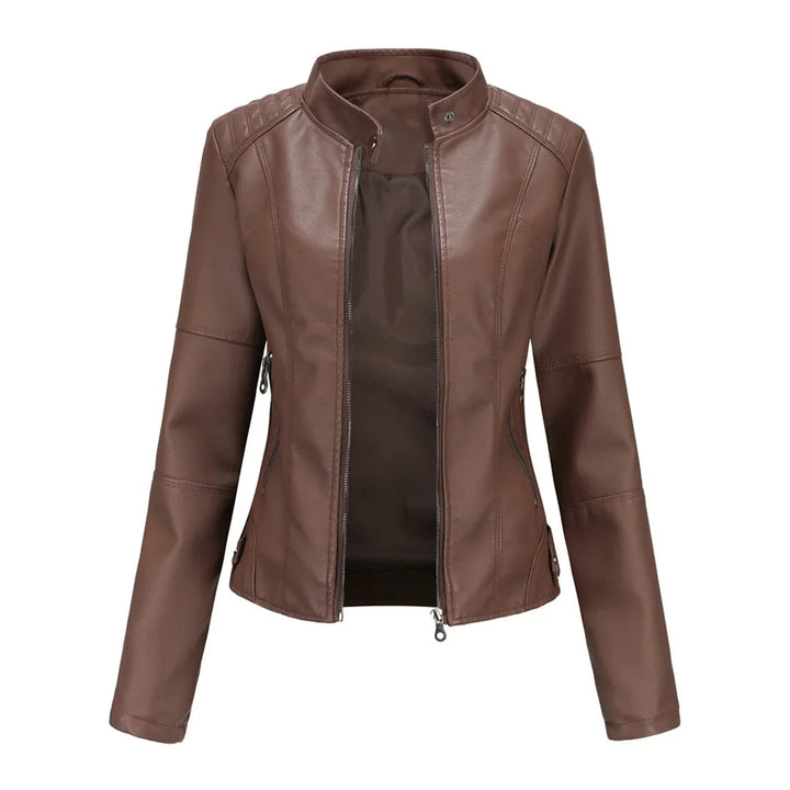 Fashionable women's pleather jacket, perfect for casual or chic outfits. Stand collar design, moto style.