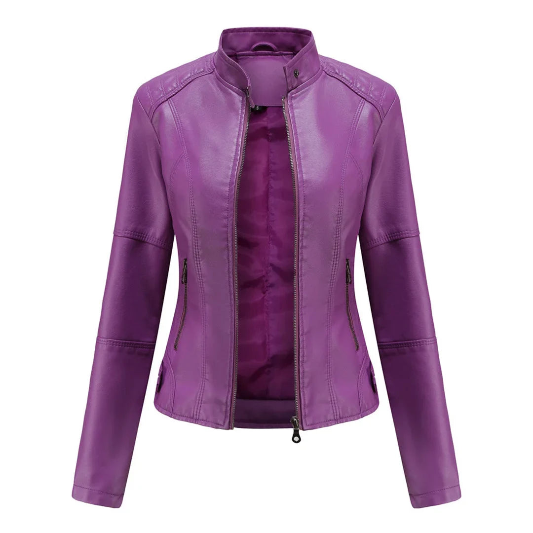 Ladies' black faux leather motorcycle jacket with a modern stand collar and zippered hand pockets.