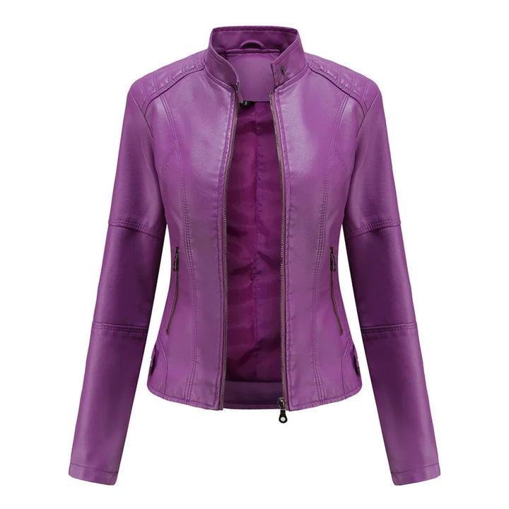 Ladies' black faux leather motorcycle jacket with a modern stand collar and zippered hand pockets.