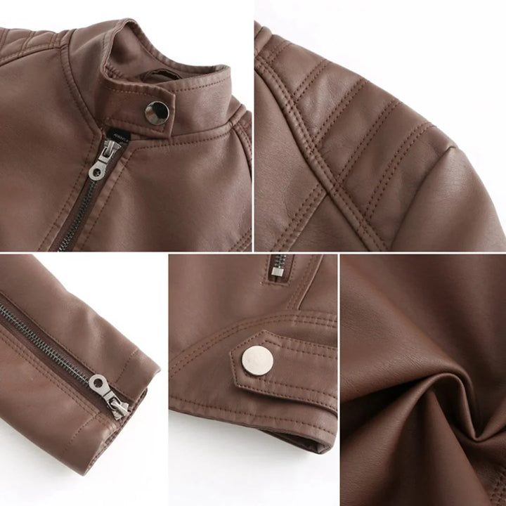 Sleek women's outerwear: faux leather jacket, stand collar, and convenient zip closure pockets, versatile.
