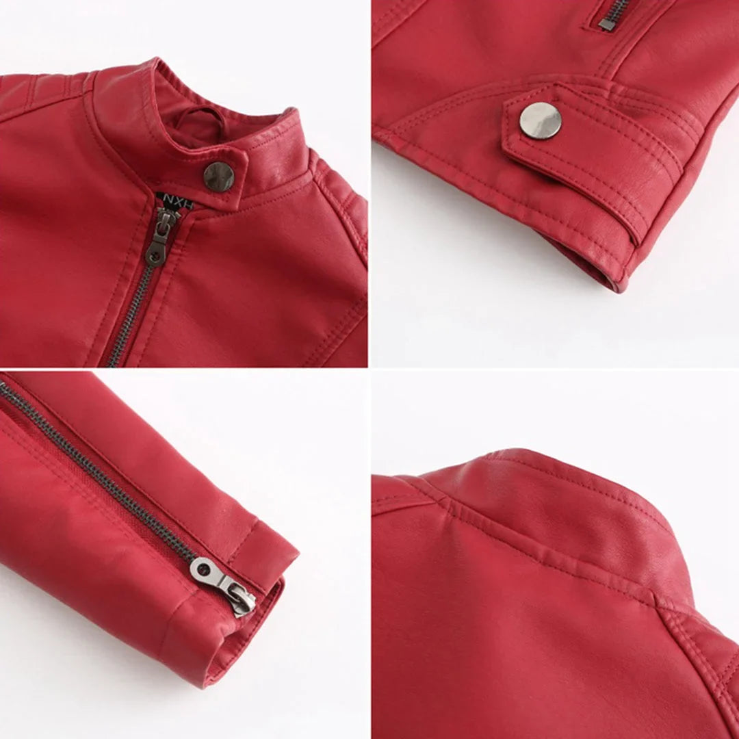 Durable women's faux leather jacket, ideal for all seasons. Stand collar, full zip, functional pockets.