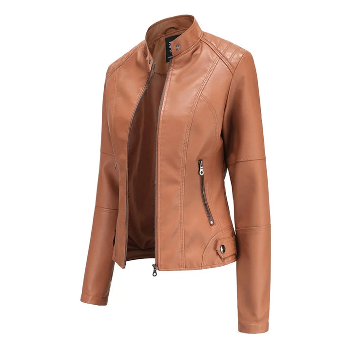 Casual yet elegant women's faux leather jacket with a distinctive stand collar and front zip pockets.