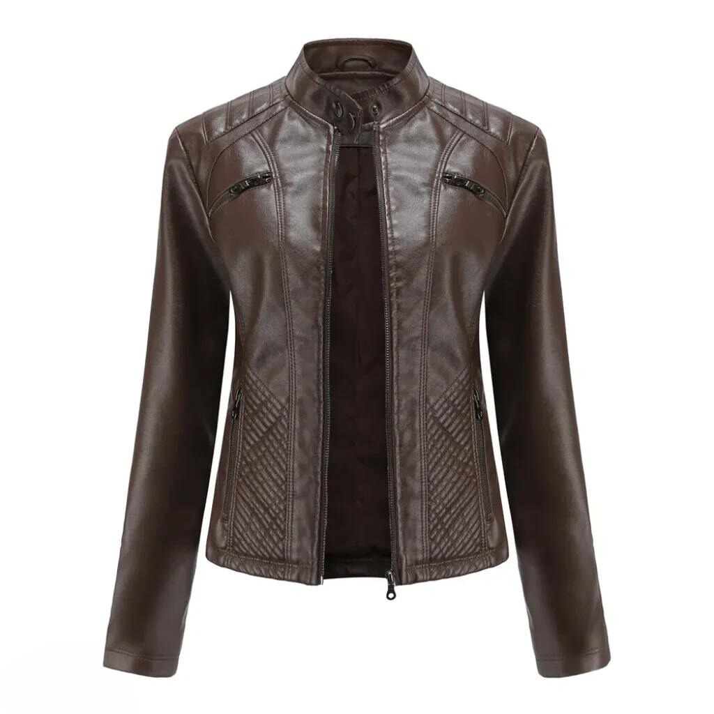 Stylish black women's biker jacket, slim fit, with a classic moto collar. Trendy & chic everyday wear.
