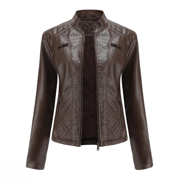 Stylish black women's biker jacket, slim fit, with a classic moto collar. Trendy & chic everyday wear.