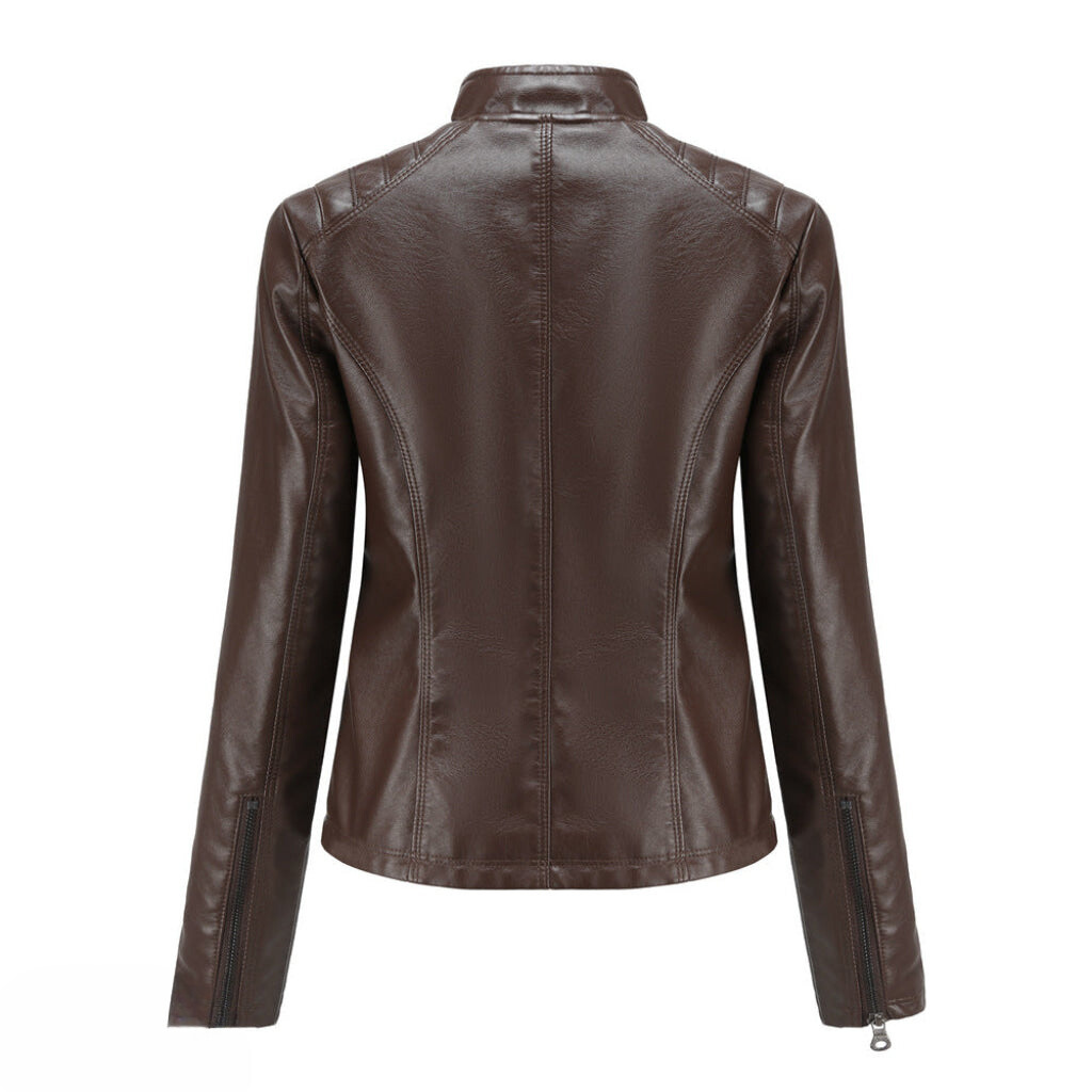 Women's new black moto jacket, slim fit silhouette. A chic and versatile statement piece.