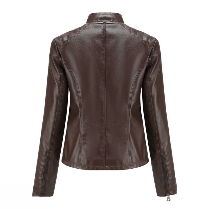 Women's new black moto jacket, slim fit silhouette. A chic and versatile statement piece.
