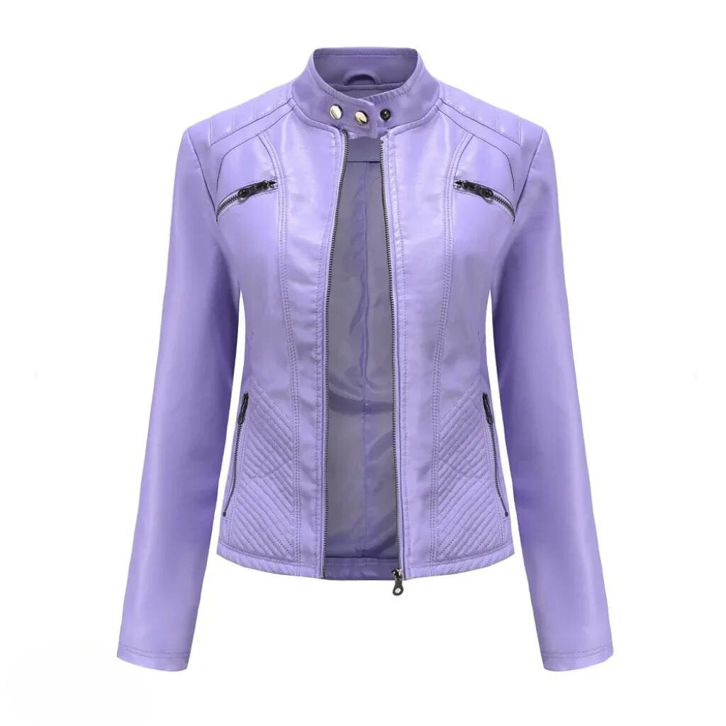 Fashionable women's black moto jacket, slim fit, with silver hardware. A chic and edgy statement.