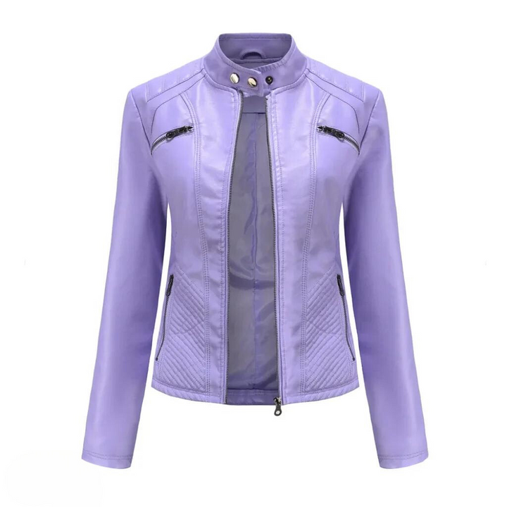 Fashionable women's black moto jacket, slim fit, with silver hardware. A chic and edgy statement.