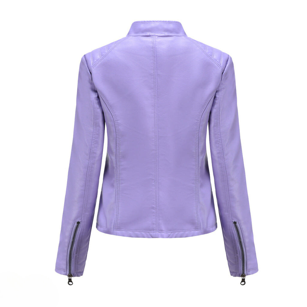 Women's chic black moto jacket, tailored slim fit. Versatile trendy clothing for a sophisticated edge.