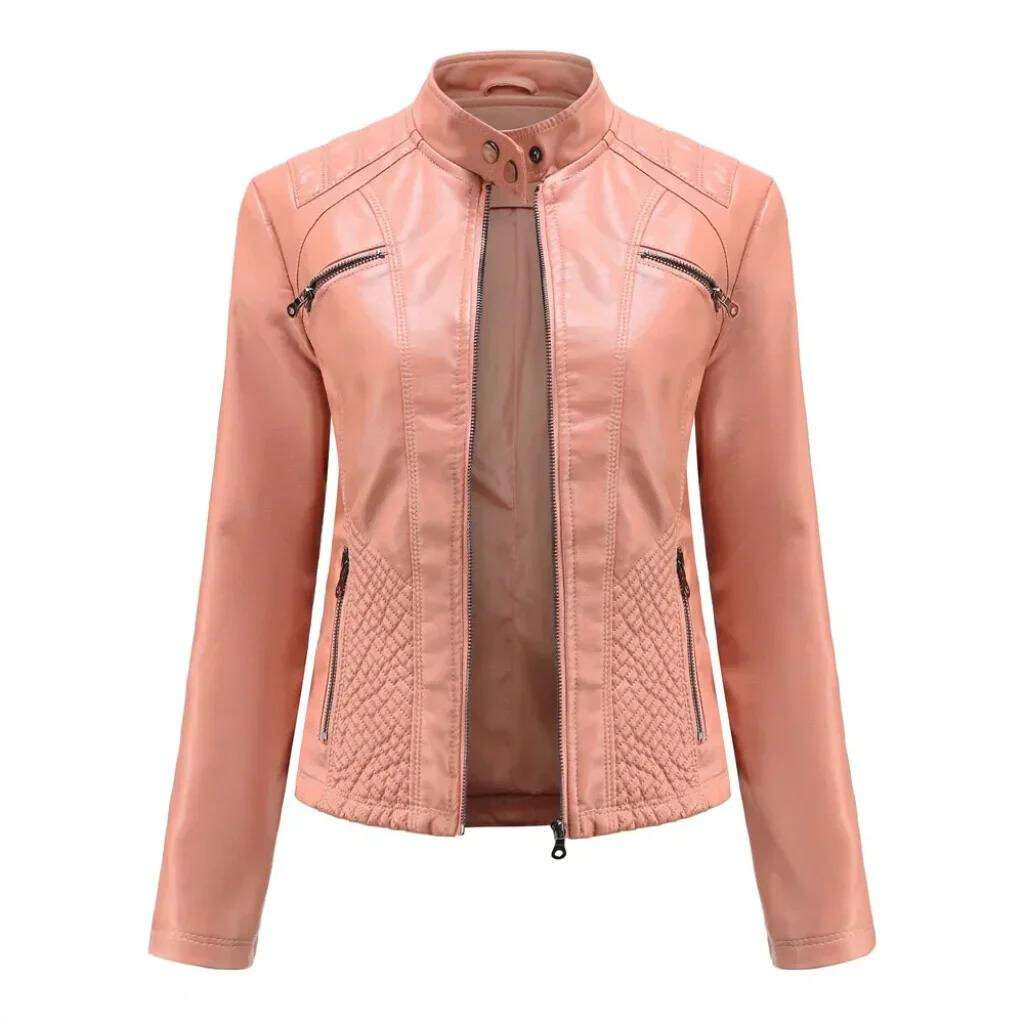 Statement women's black moto jacket, slim fit, with an asymmetrical zipper. Trendy fashion jacket.