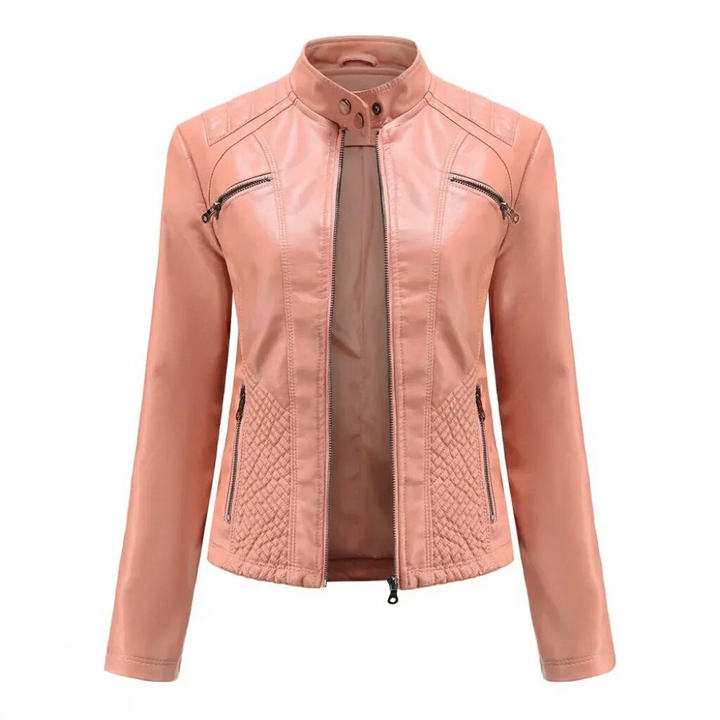 Statement women's black moto jacket, slim fit, with an asymmetrical zipper. Trendy fashion jacket.