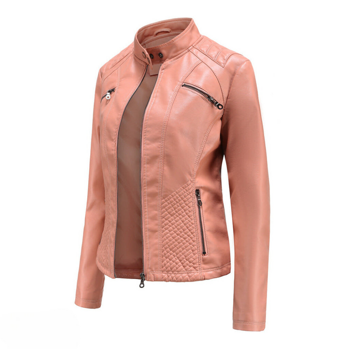 Versatile women's black slim fit moto jacket, perfect as chic outerwear or a trendy statement piece.