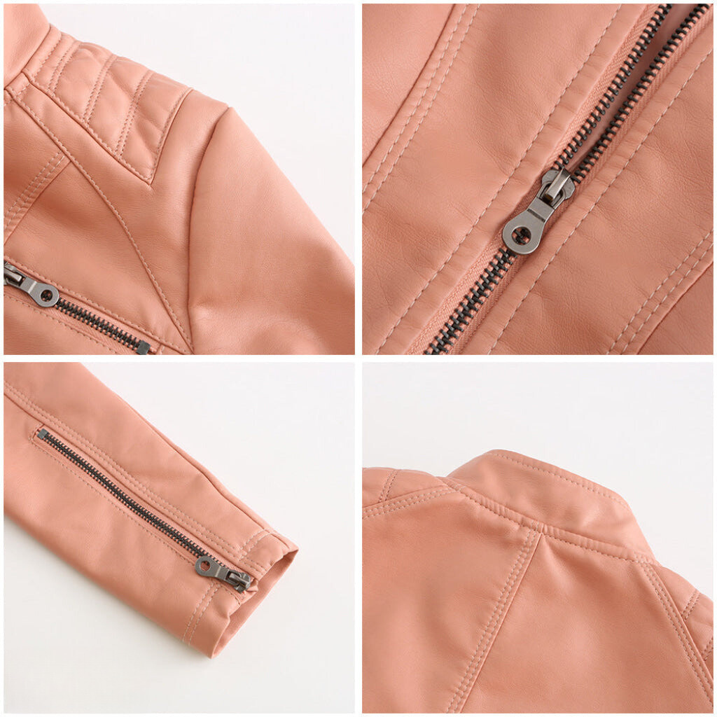 New women's black biker jacket, slim fit, with buckle details. A chic and trendy everyday fashion jacket.