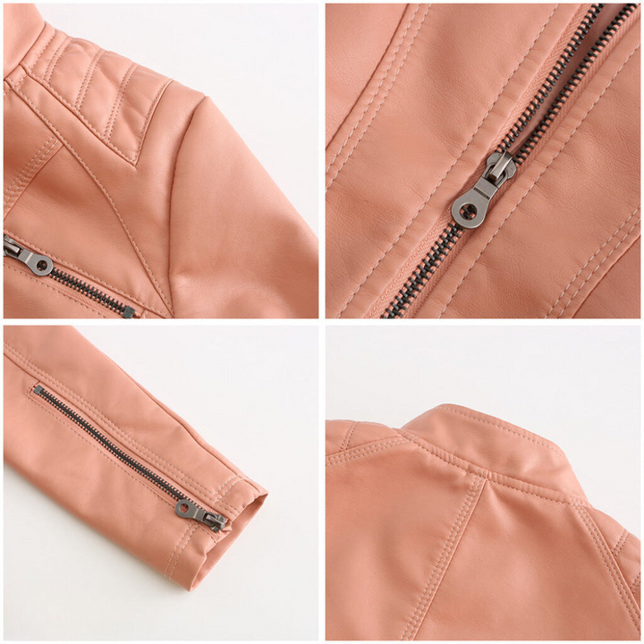 New women's black biker jacket, slim fit, with buckle details. A chic and trendy everyday fashion jacket.