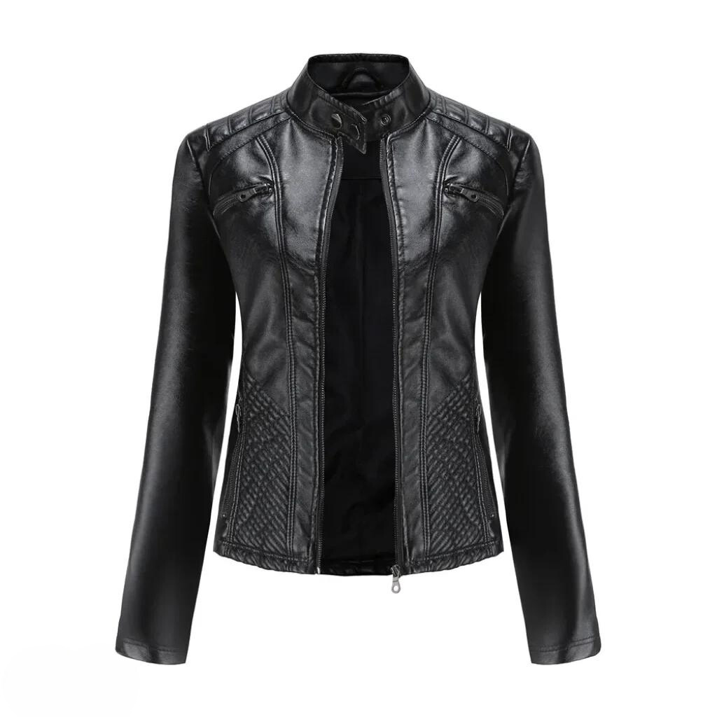 Stylish women's black moto jacket, slim fit. Perfect everyday wear, a chic statement piece.