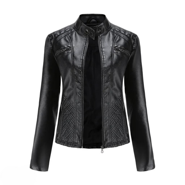 Stylish women's black moto jacket, slim fit. Perfect everyday wear, a chic statement piece.