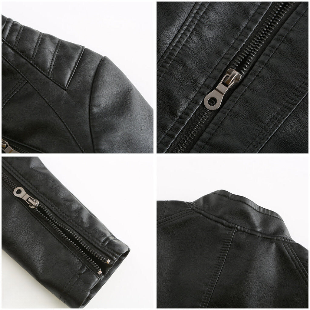 Trendy women's black biker jacket, slim fit & classic moto styling. Fashionable outerwear for a modern look.