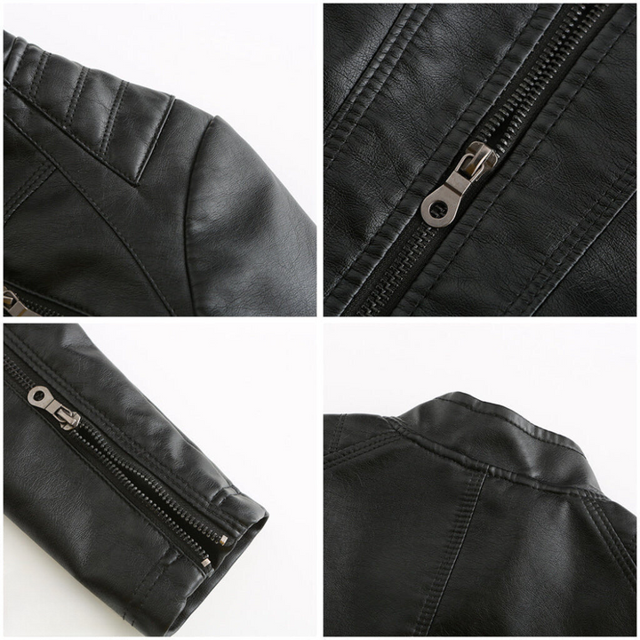 Trendy women's black biker jacket, slim fit & classic moto styling. Fashionable outerwear for a modern look.