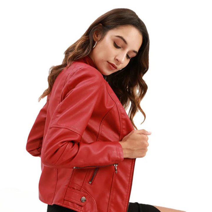 Chic women's black moto jacket: asymmetric zip, slim fit, and versatile appeal. Trendy fashion outerwear.