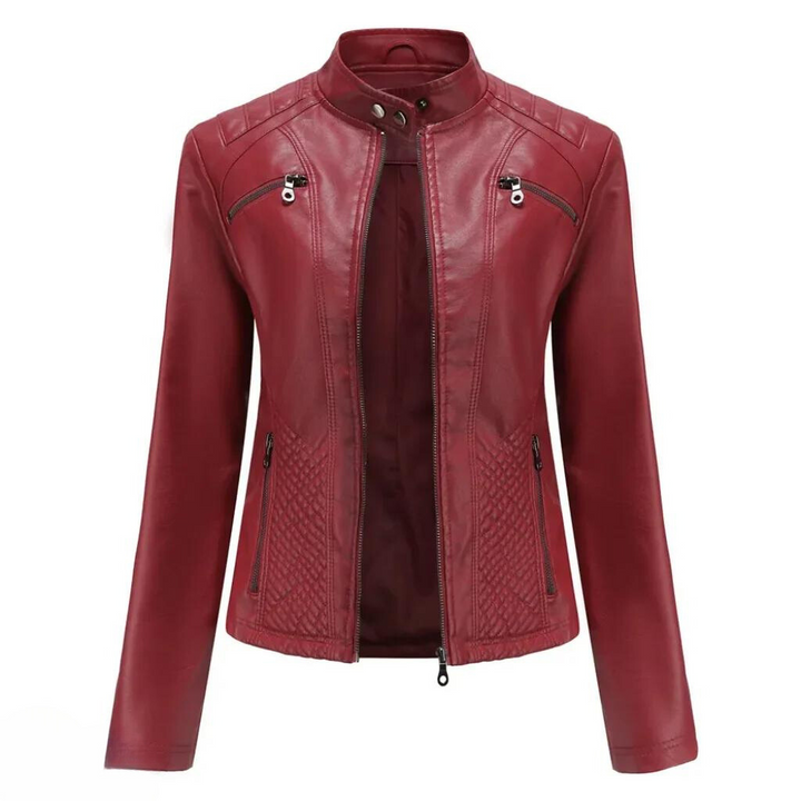 Fashion-forward women's black moto jacket, slim fit. Ideal as a statement piece for any stylish outfit.