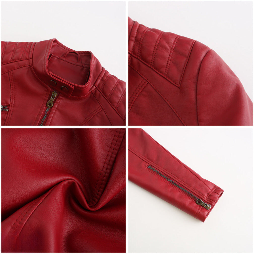 Versatile women's black biker jacket, chic slim fit design. Trendy outerwear for a modern look.