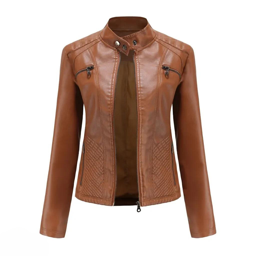 New women's black moto jacket, slim cut, with metallic zippers. A stylish and trendy fashion jacket.