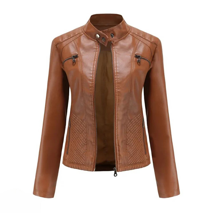 New women's black moto jacket, slim cut, with metallic zippers. A stylish and trendy fashion jacket.