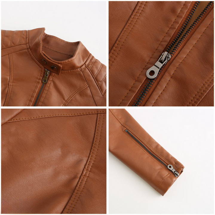 Elegant black women's moto jacket, slim fit. A versatile chic outerwear piece for fashion enthusiasts.