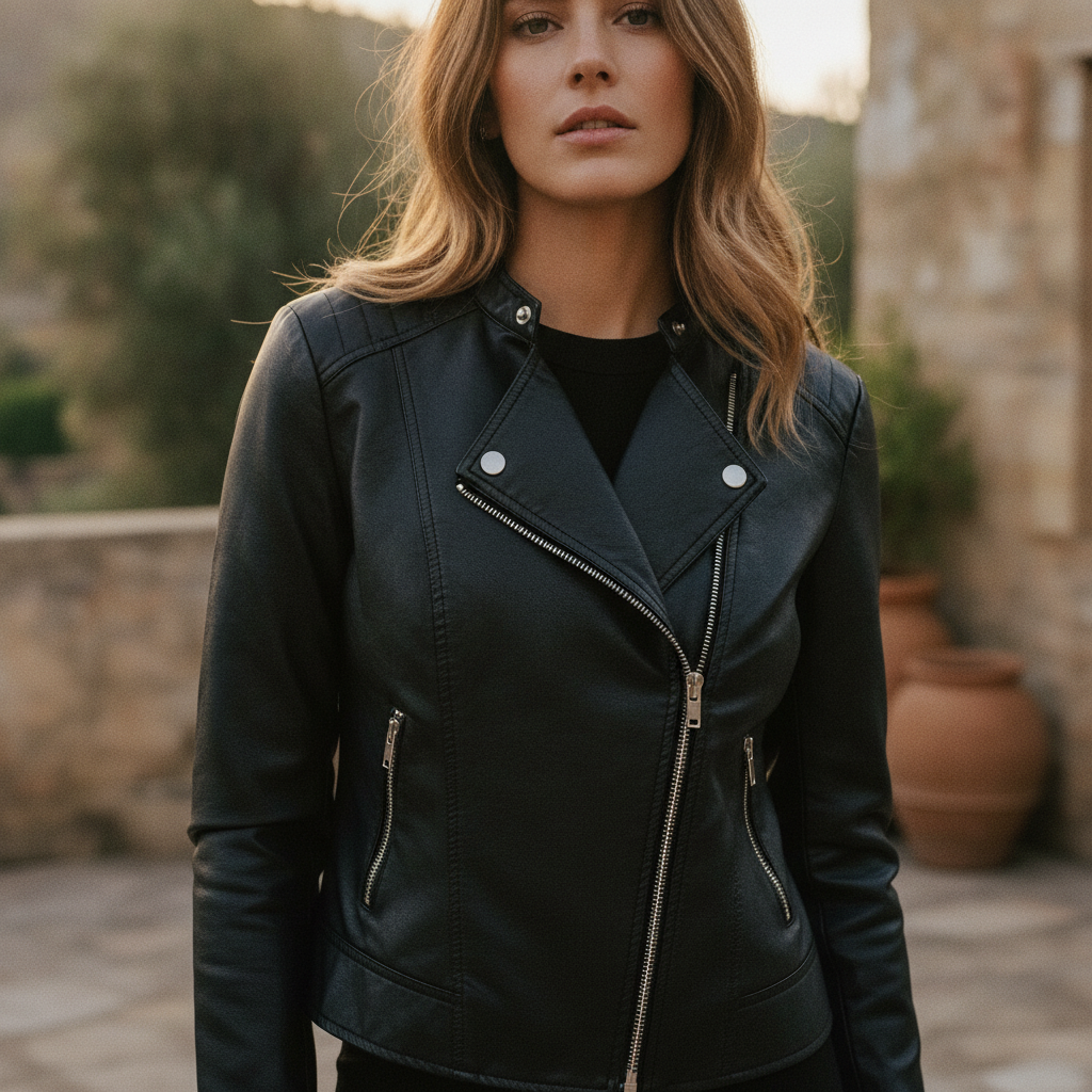 Women's chic black slim-fit zip-up jacket with stylish rose gold accents for smart casual wear.