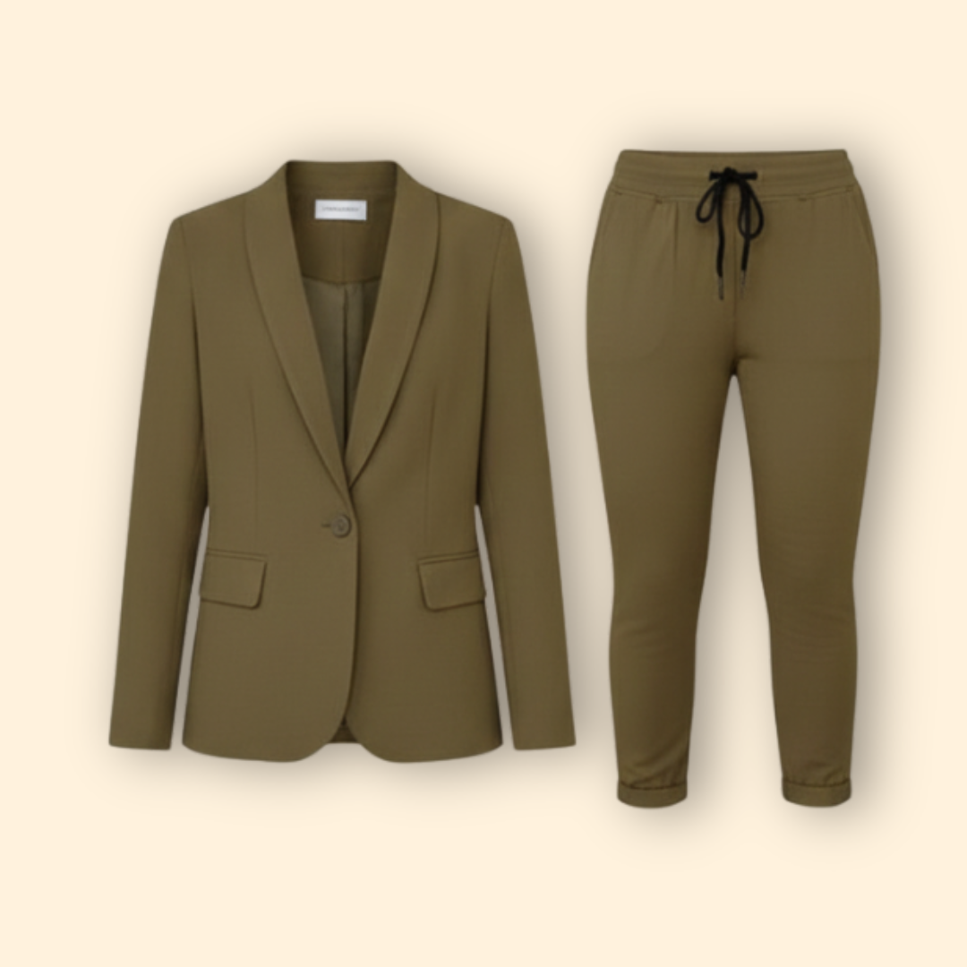 Women's chic blazer & drawstring pant set. Stylish two-piece for casual chic or office wear. Versatile fashion.