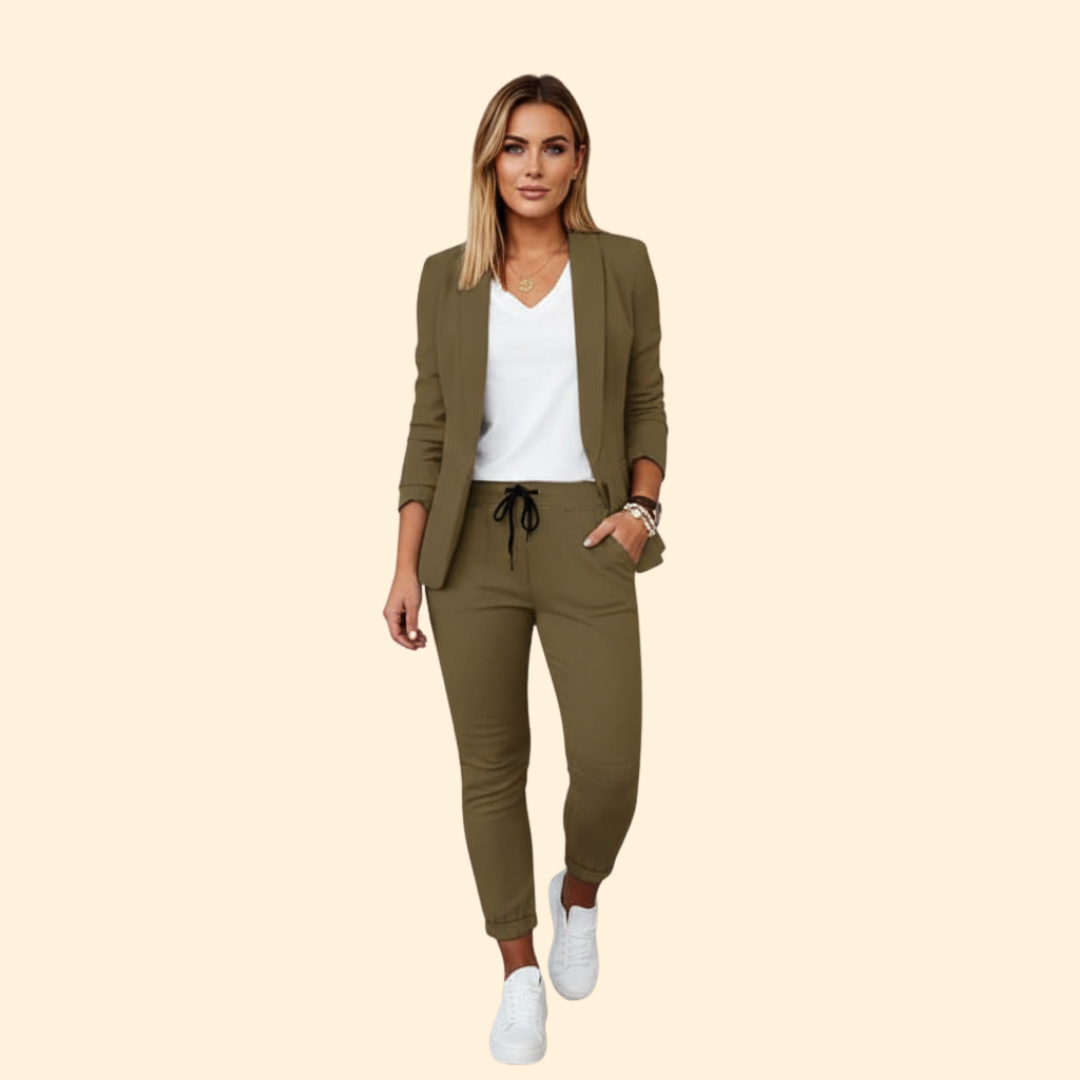 Stylish women's long sleeve blazer & drawstring pant set. Effortless casual chic and comfortable everyday wear.