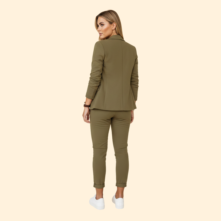 Modern women's two-piece blazer & drawstring pant set. Chic, long sleeve fashion for versatile office & casual style.