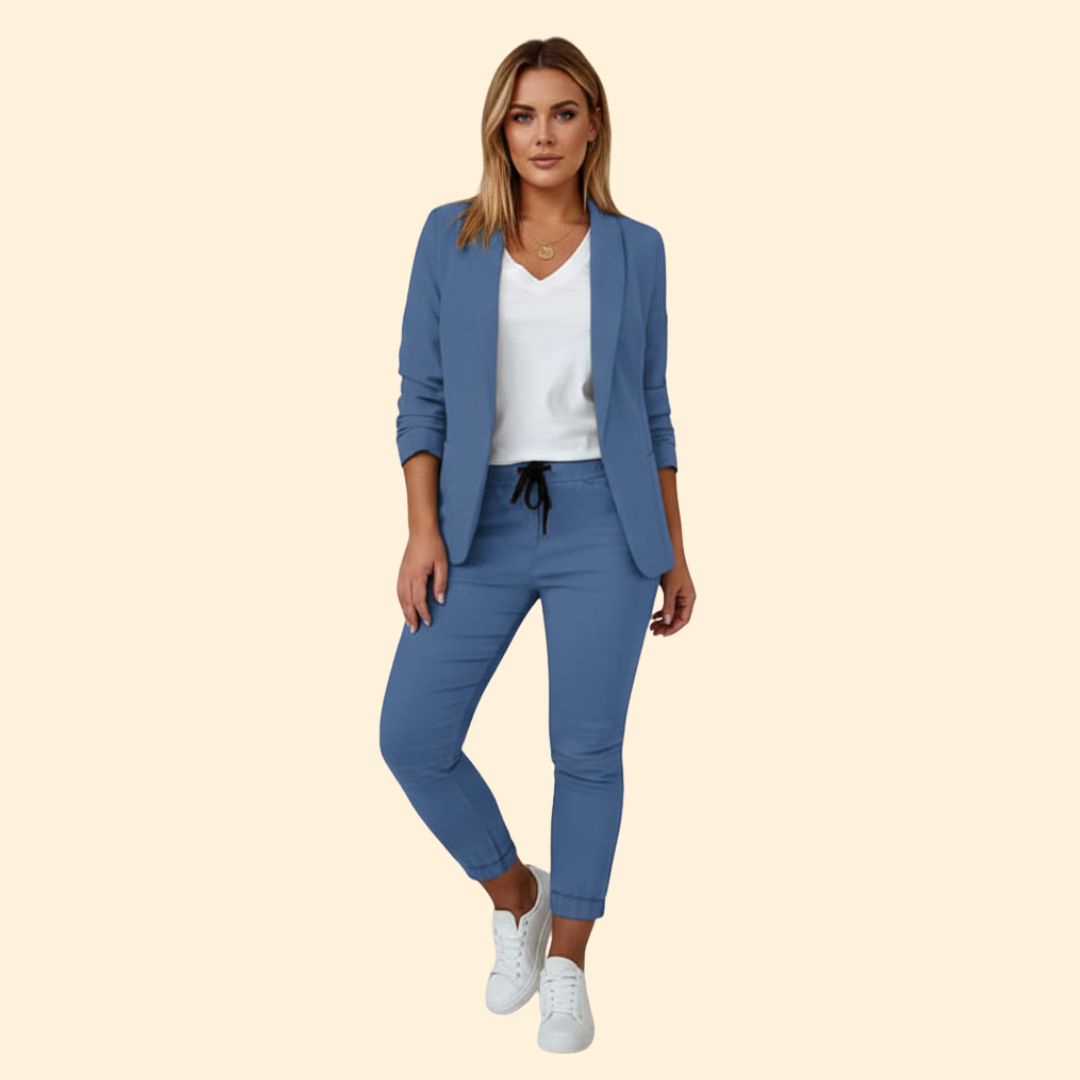 Elegant women's long sleeve blazer paired with comfortable drawstring pants. Chic two-piece set for any occasion.