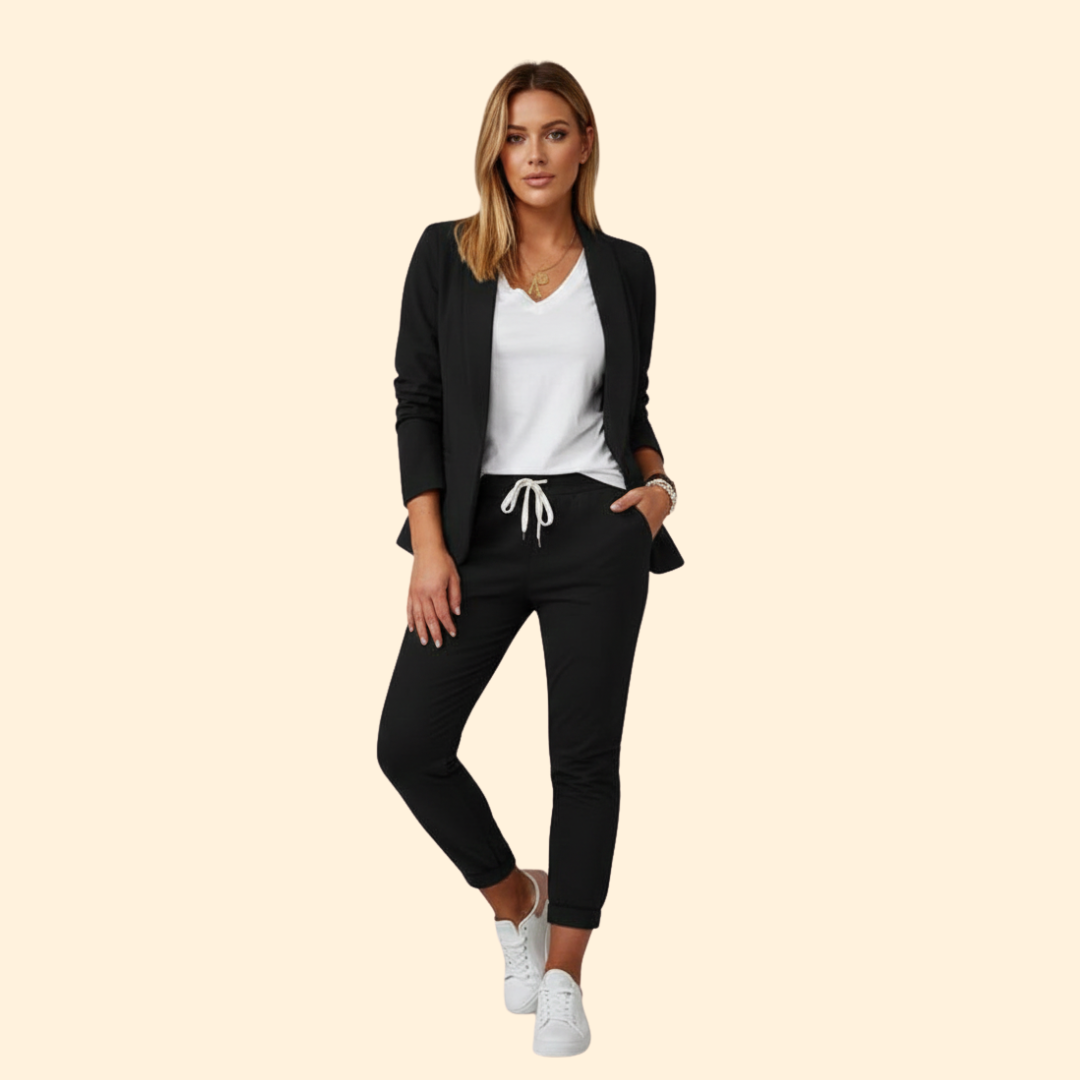 Effortless women's trendy blazer and drawstring pant set. Stylish two-piece for modern casual chic and office fashion.