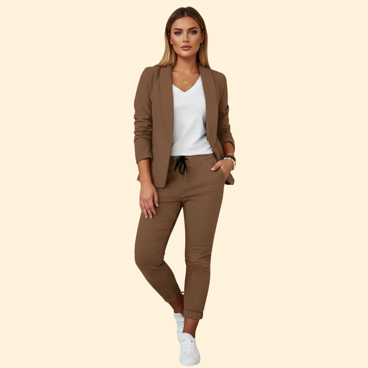 Women's elegant blazer pant set. Chic long sleeve two-piece perfect for office wear, fashion, and everyday style.