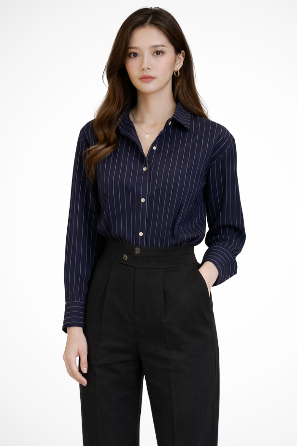 Women's chic blue and white striped button-down shirt, perfect for versatile casual and workwear styles.