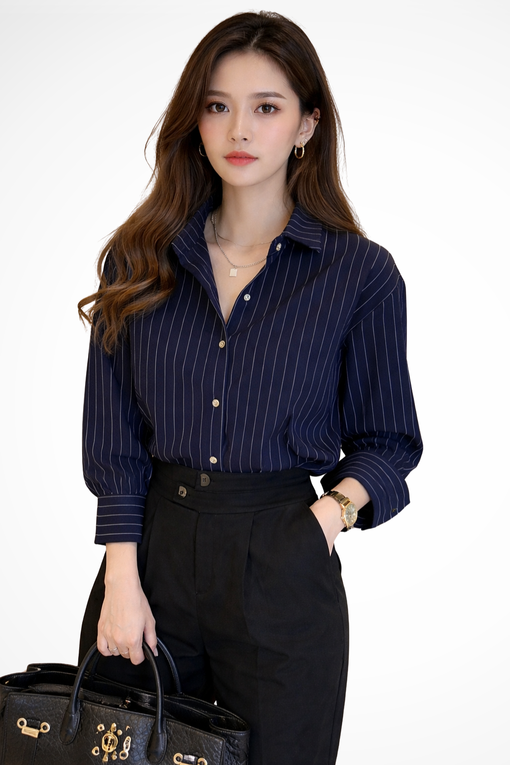 Versatile women's blue & white striped button-down shirt. Long sleeve blouse, perfect for chic casual outfits or work.