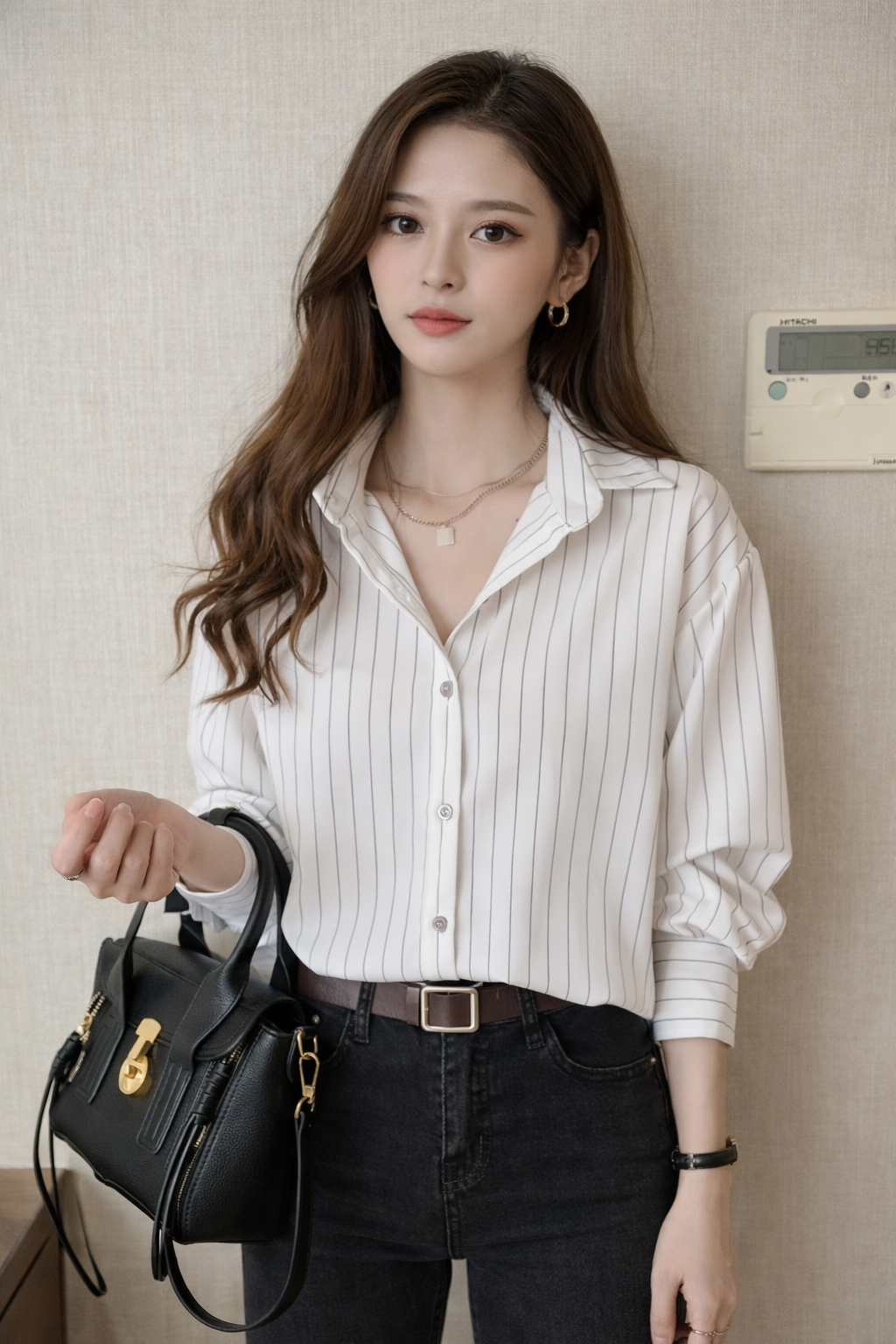 Chic women's blue and white striped long sleeve shirt. Classic button-down blouse, a stylish essential for all seasons.