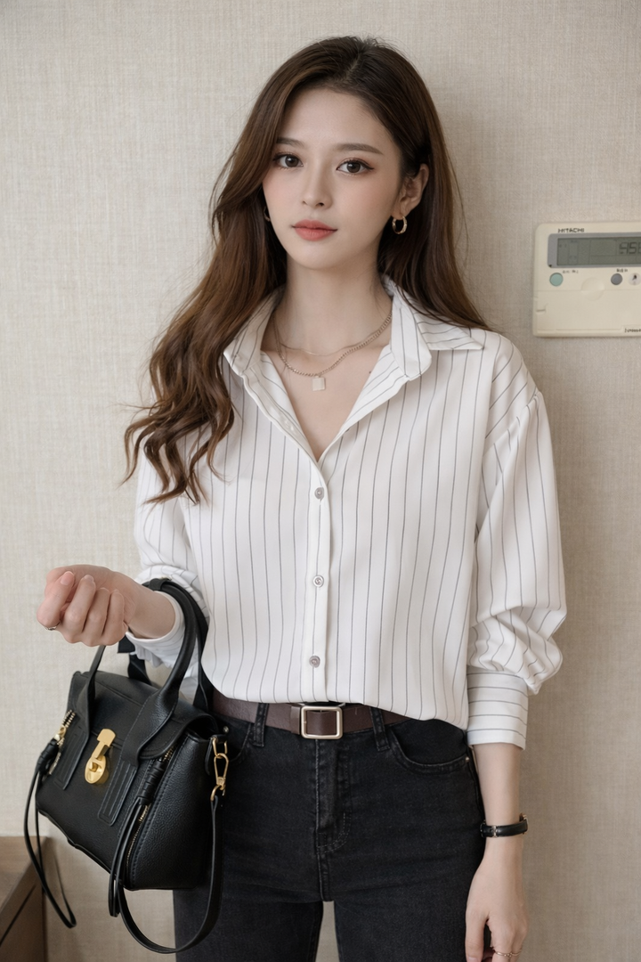 Chic women's blue and white striped long sleeve shirt. Classic button-down blouse, a stylish essential for all seasons.